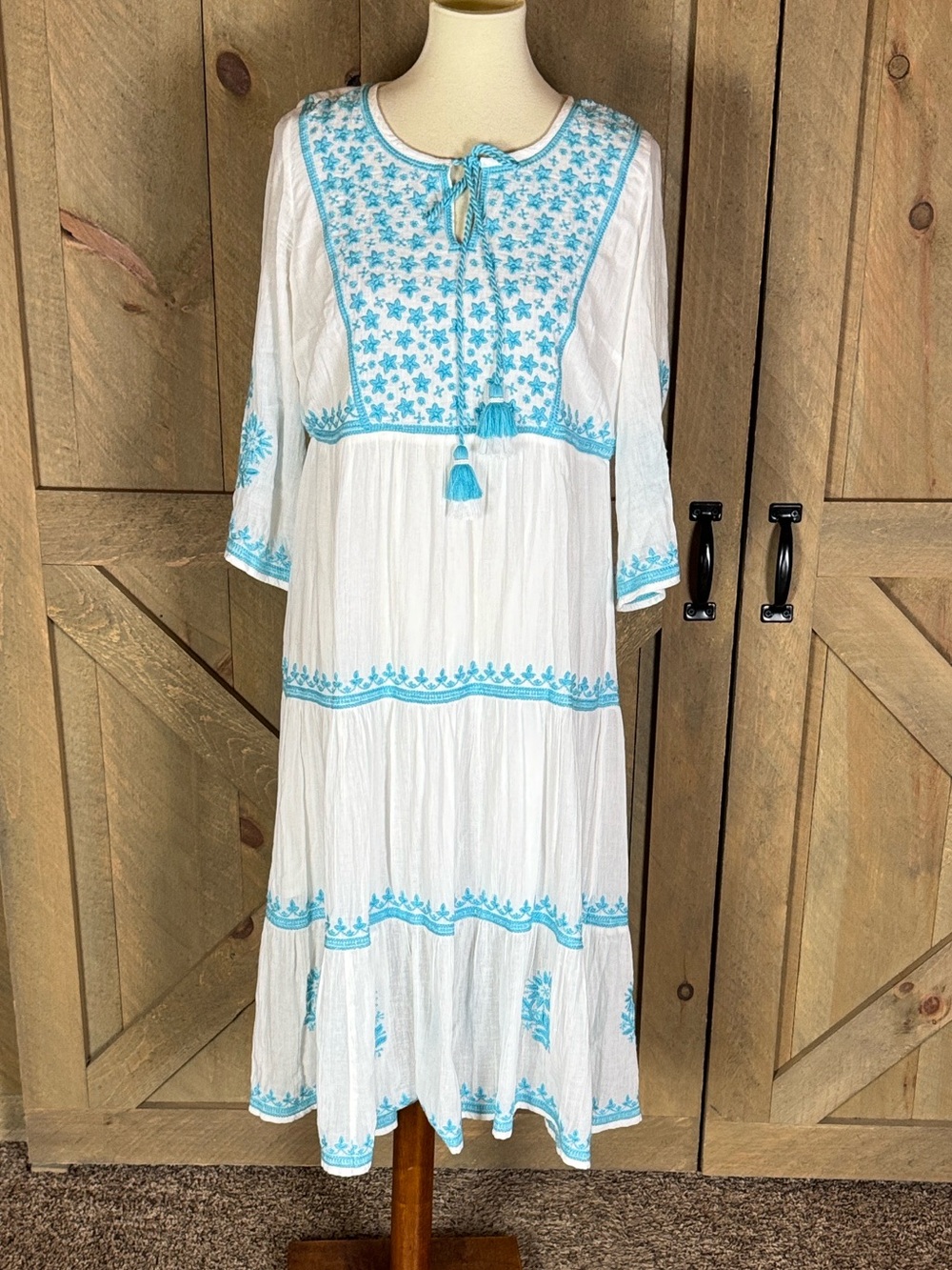 Soft Surroundings Juniper white gauze dress with aqua embroidery Size Small - Picture 7 of 16